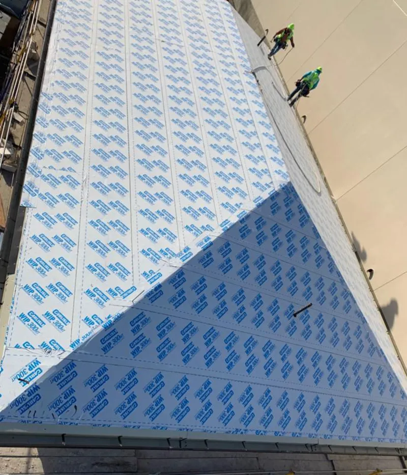 Professional roofers installing underlayment on a metal roof in Palm Valley